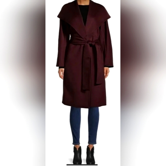 VINCE WOOL CASHMERE DRAPE FRONT BELTED COAT JACKET BLACK PLUM
